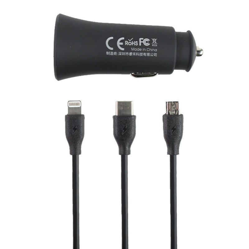 Chargeur voiture double (2.4A) + câble 3 en 1 (USB-C / Lightning / Micro USB) Chargeur voiture double (2.4A) + câble 3 en 1 (USB-C / Lightning / Micro USB)